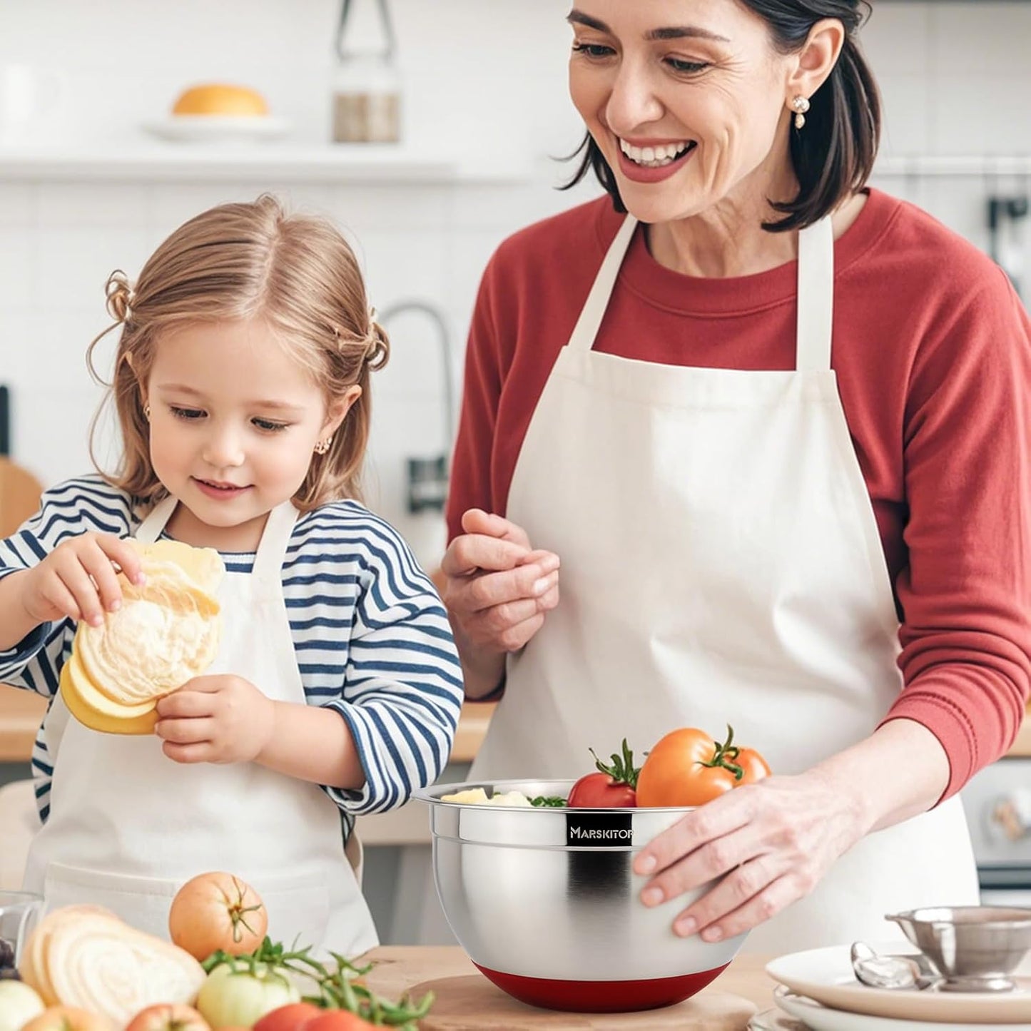 MARSKITOP Stainless Steel Mixing Bowls with Lids Set, Nesting Mixing Bowls with Airtight Lids, Measurement Marks and Red Non-Slip Bottoms, Great for Mixing and Serving, Size 5, 3, 2, 1.5QT