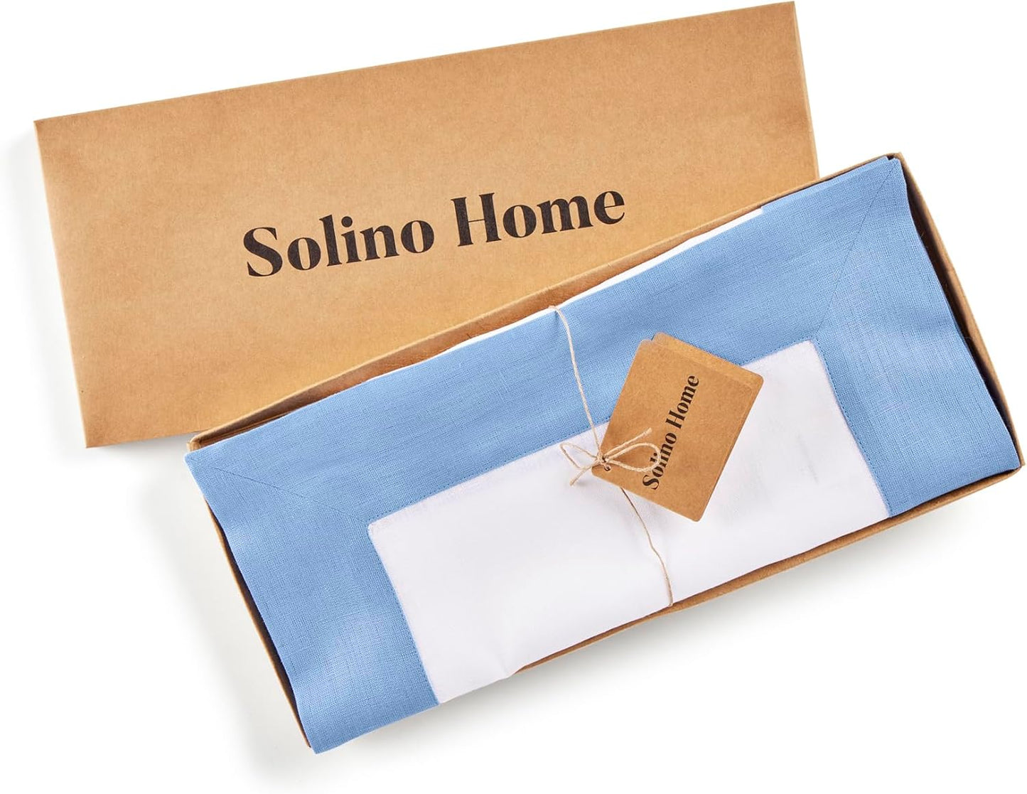 Solino Home Linen Table Runner 36 Inches - 100% Pure Linen Cornflower Blue and White Short Table Runner 14 x 36 Inch Ideal for Dresser and Coffee Tables - Contempo