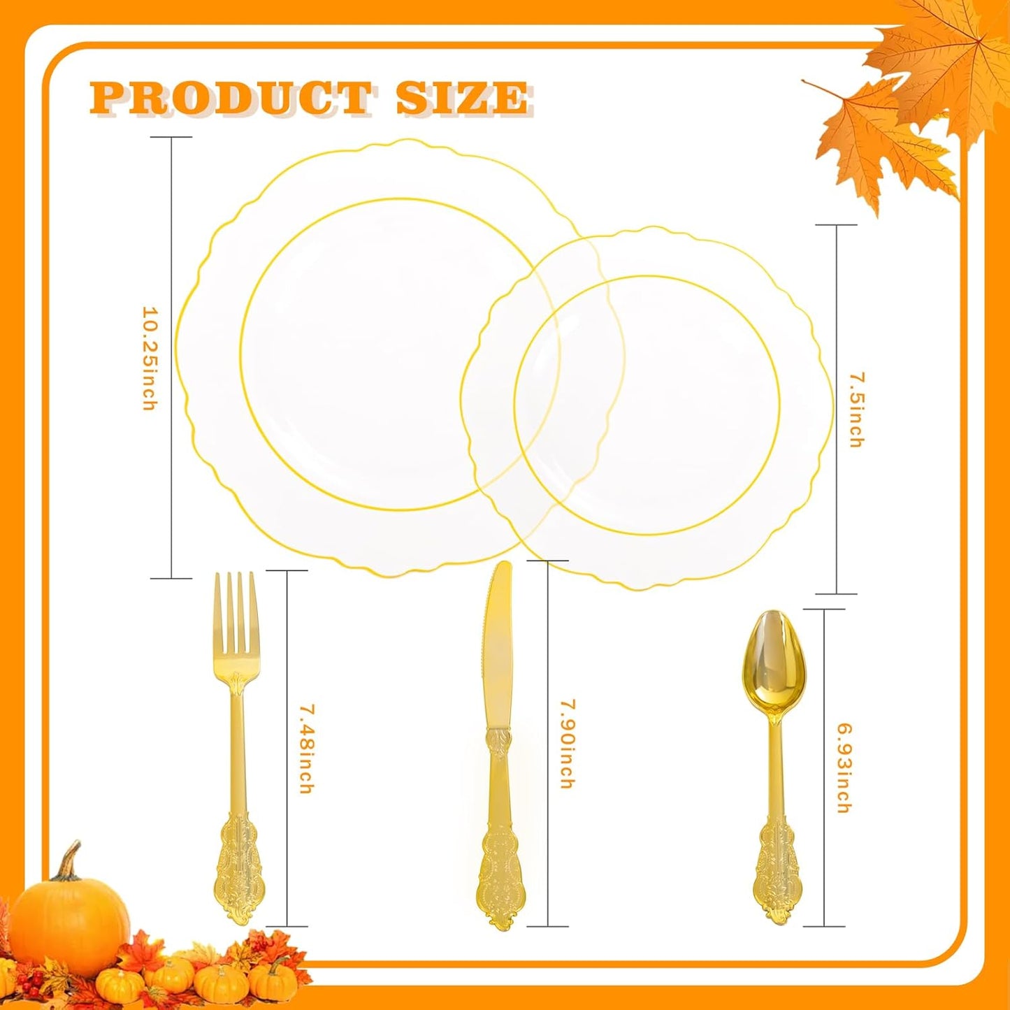 YOUBET 125PCS Thanksgiving Plastic Plates - Clear Gold Disposable Plates - 25 Guests Baroque Plastic Dinnerware Includes 25Dinner Plates, 25Dessert Plate, 75Silverware for Thanksgiving Party & Wedding