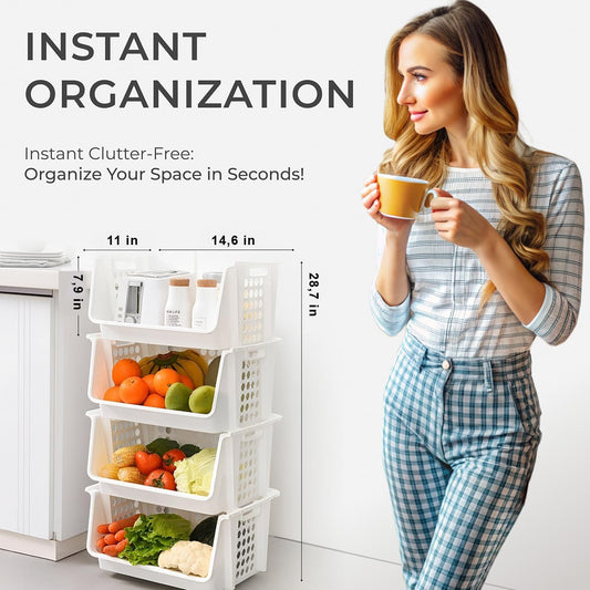 Skywin Plastic Stackable Storage Bins for Pantry - 4-Pack Medium Stackable Bins For Organizing Food, Kitchen, and Bathroom Essentials (White)