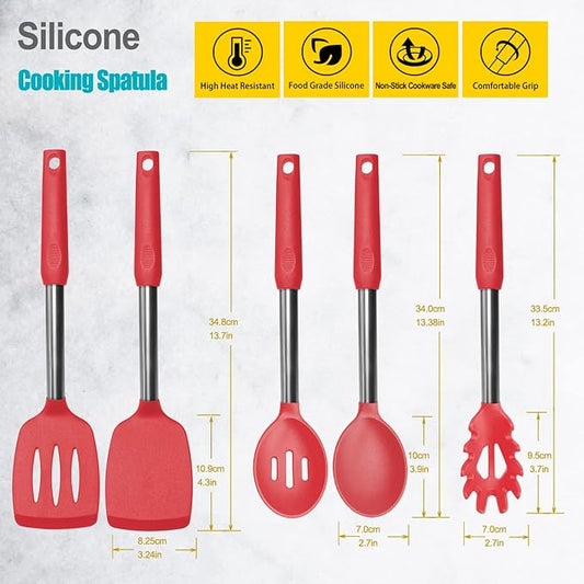 Silicone Spatula and Cooking Spoon,5 Pack Non-Stick Cooking Utensils for Kitchen,Heat Resistant Solid & Slotted Spoons and Spatulas, Stainless Steel Handle Coated with Silicone,Red