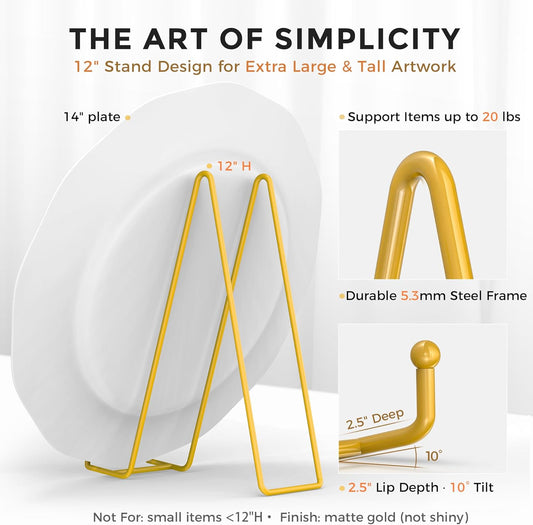 TR-LIFE 12 Inch Large Plate Stands/holder for Display - Metal Picture Frame Holder Stand + Small Easels for Platter, Book, Plaques, Photo, Tabletop Art (Gold 2 Pack)
