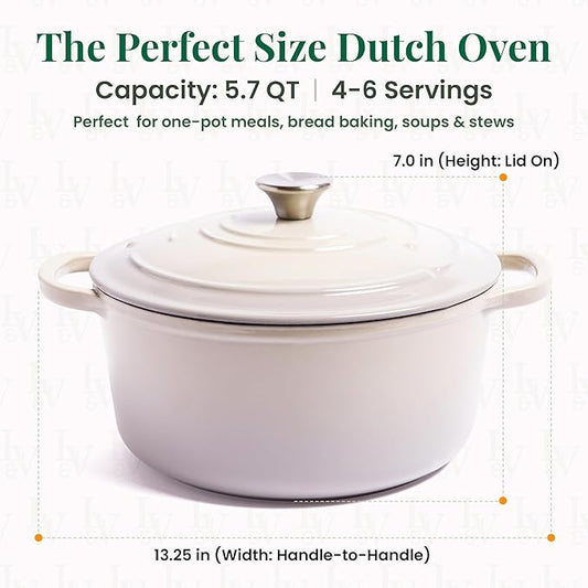 Larder & Vine Enameled Cast Iron 5.7 qt Dutch Oven Pot with Lid | Dutch Oven | Compatible on All Cooktops & Oven Safe to 500° F | Great for Sourdough Bread | Stone