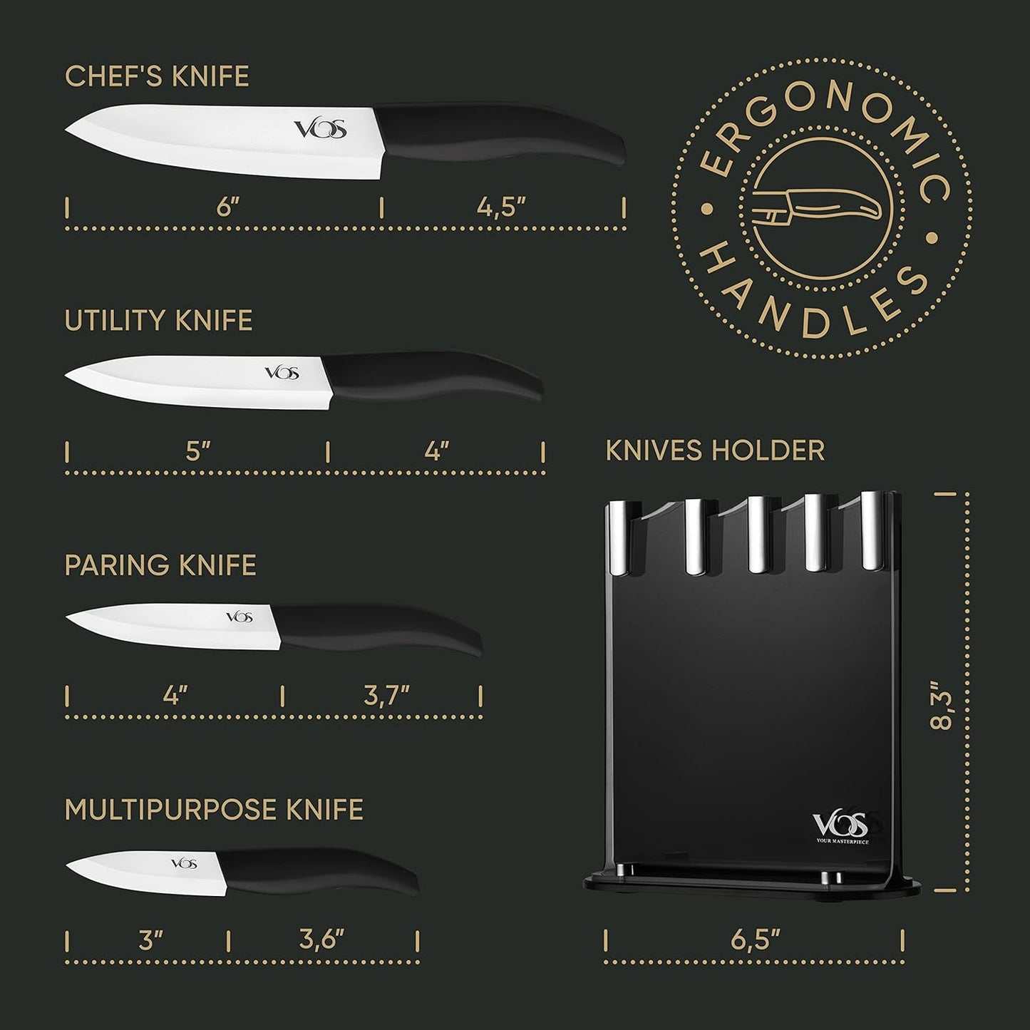 Vos Ceramic Knife Set with Block, Ceramic Knives Set For Kitchen, Ultra Sharp Kitchen Knife Set with Covers, 3" 4" 5" 6" Chef Knife, Utility, Paring & Versatile, Lightweight, Dishwasher safe (Black)
