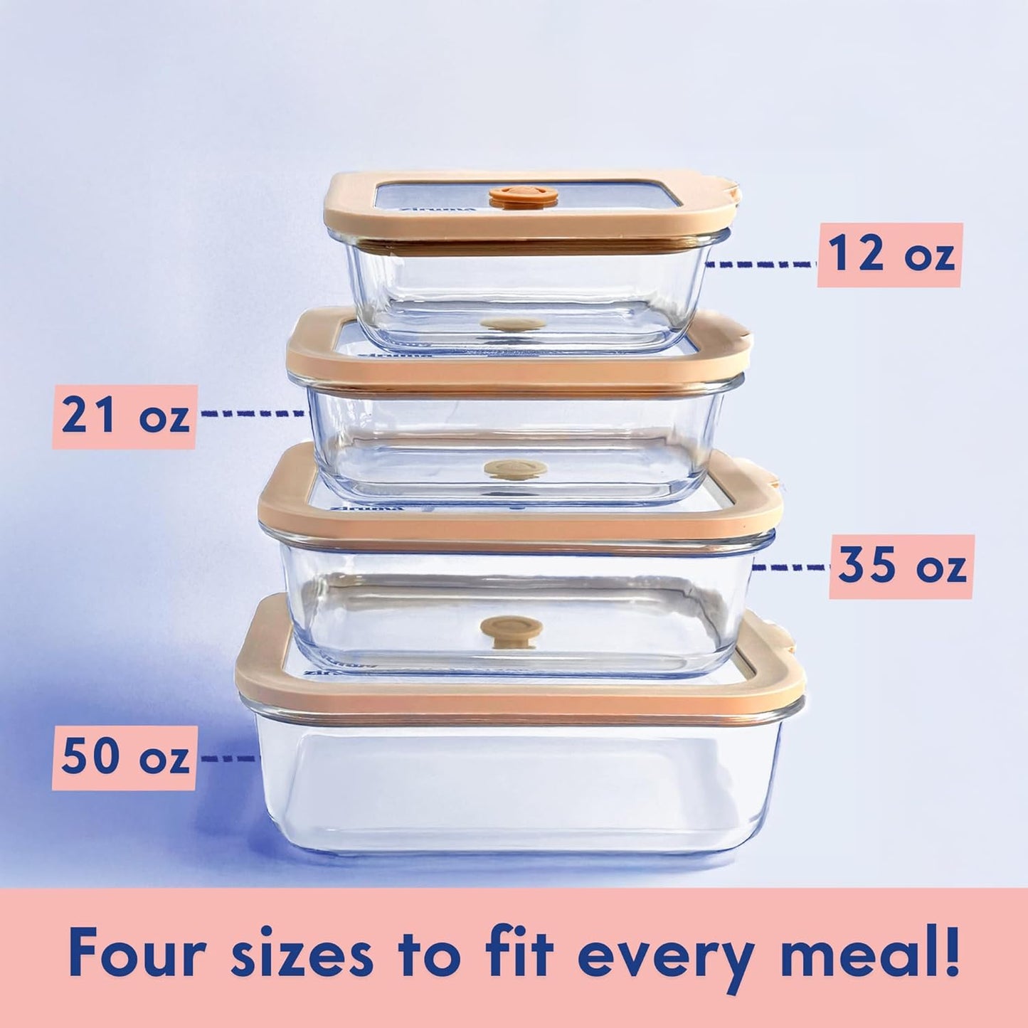 Ziruma Non-Toxic 4 Pack - Glass Food Storage Containers With Lids – Plastic Free, Airtight Meal Prep Containers, Multi-Size (12, 21, 35, 50 Oz), Microwave & Freezer Safe
