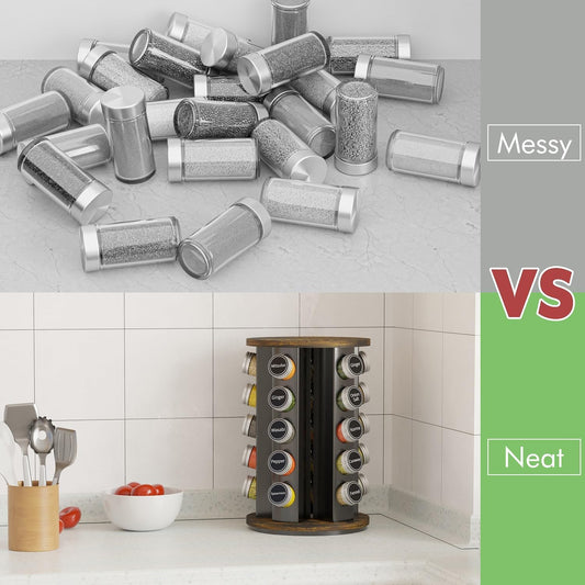 New England Stories Revolving Spice Rack Set with 35 Spice Jars, Kitchen Spice Tower Organizer for Countertop or Cabinet - Carousel Storage Includes 386 Spice Labels