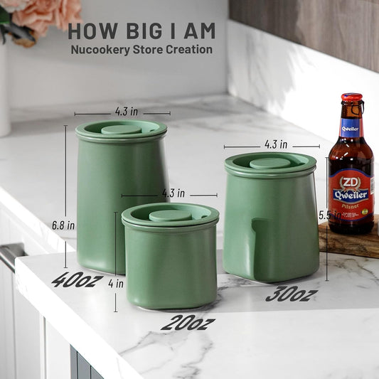 Nucookery Canisters Sets for the Kitchen Countertop, 3 Pcs Ceramic Jar with Silicone Lid, 40oz, 30oz, 20oz Food Storage Containers for Flour, Sugar, Coffee, Grains,Tea, Cookies, Dry Food Organization