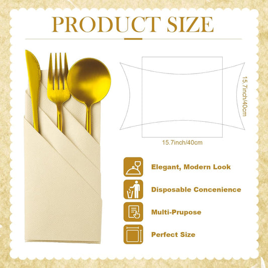 Qilery 50 Pcs Paper Linen Napkins Disposable Airlaid Paper Prefolded Dinner Napkins with Built in Flatware Pocket for Silverware Valentine Wedding Party Christmas Day (Champagne)
