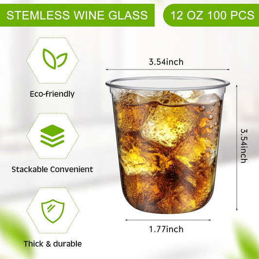 Disposable Stemless Glasses 12oz Crystal Plastic Wine Glasses Clear Classic Pet Cup for Meeting Weddings Birthdays Cocktail Christmas Party Supplies(Clear,100 Pcs)
