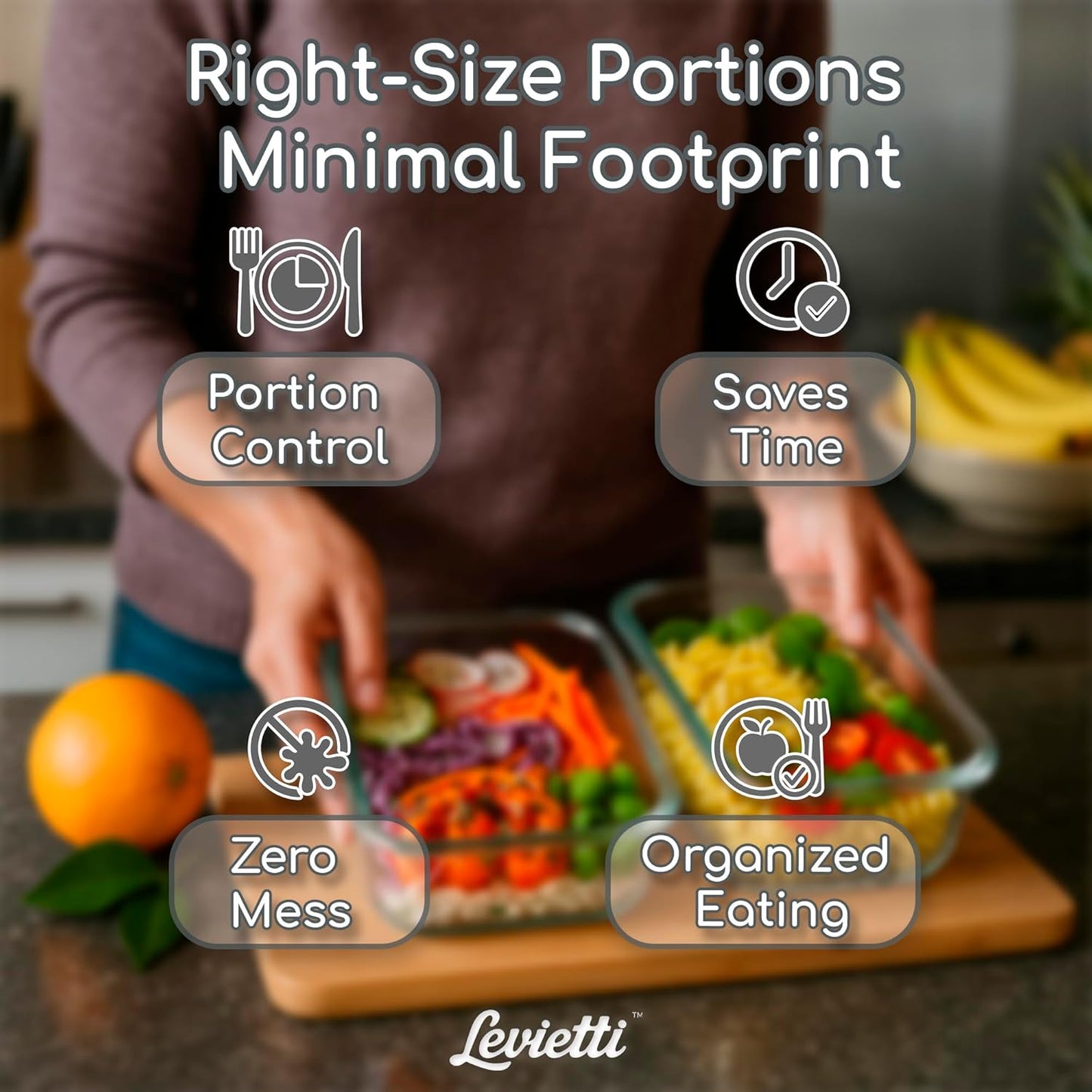 Levietti Glass Food Containers with Airtight Plastic Lids, Set of 2 (1040ml / 35oz) Leakproof Borosilicate Storage for Fresh Meals, Portion Control & Minimalist Kitchens