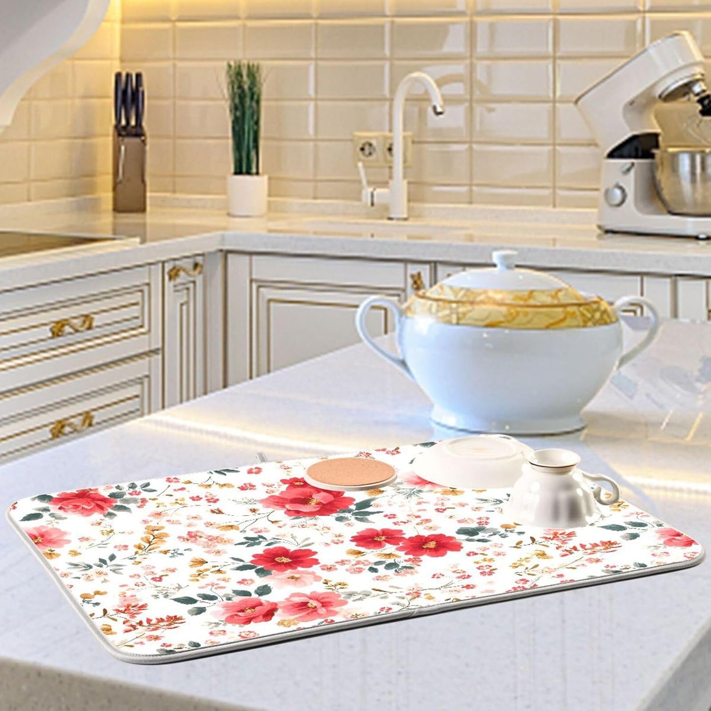 Spring Floral Colorful Flowers Dish Drying Mat for Kitchen Counter Absorbent Dish Drainer Mats Drying Pads 18"x24"