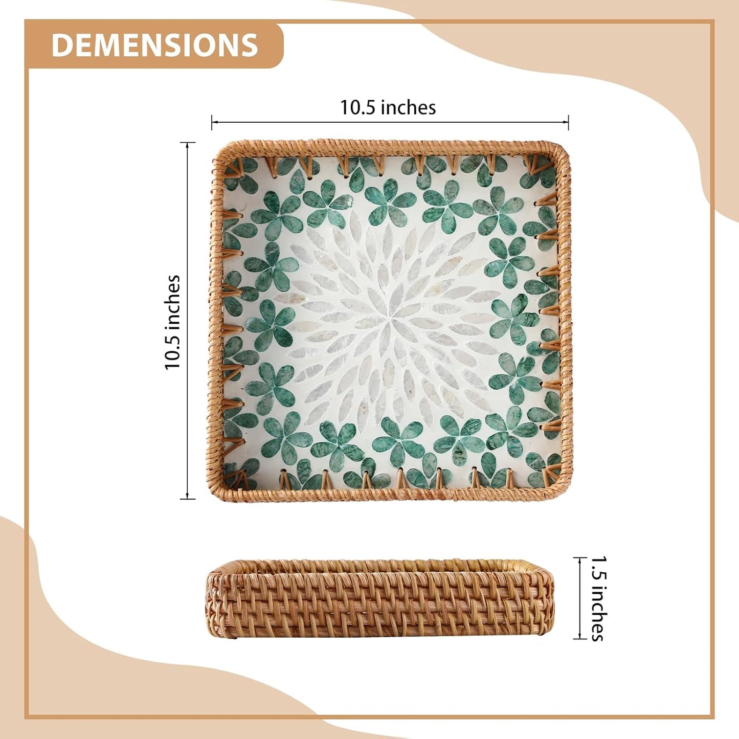 Rattan Tray with Mother of Pearl Inlay, Boho Coffee Table Decor, Decorative Serving Tray, Farmhouse Gift for Living Room & Bathroom