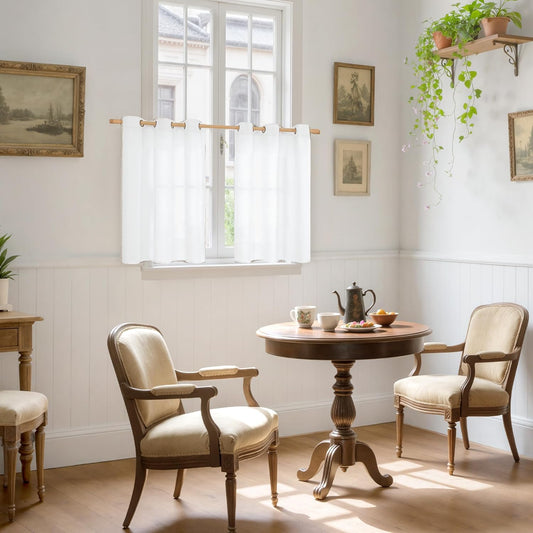 YoungsTex Short White Linen Curtains 30 Inch Length for Kitchen Bronze Grommet Light Filtering Small Drapes Window Decorative for Cafe Loft, 42 X 30 Inch, 2 Panels