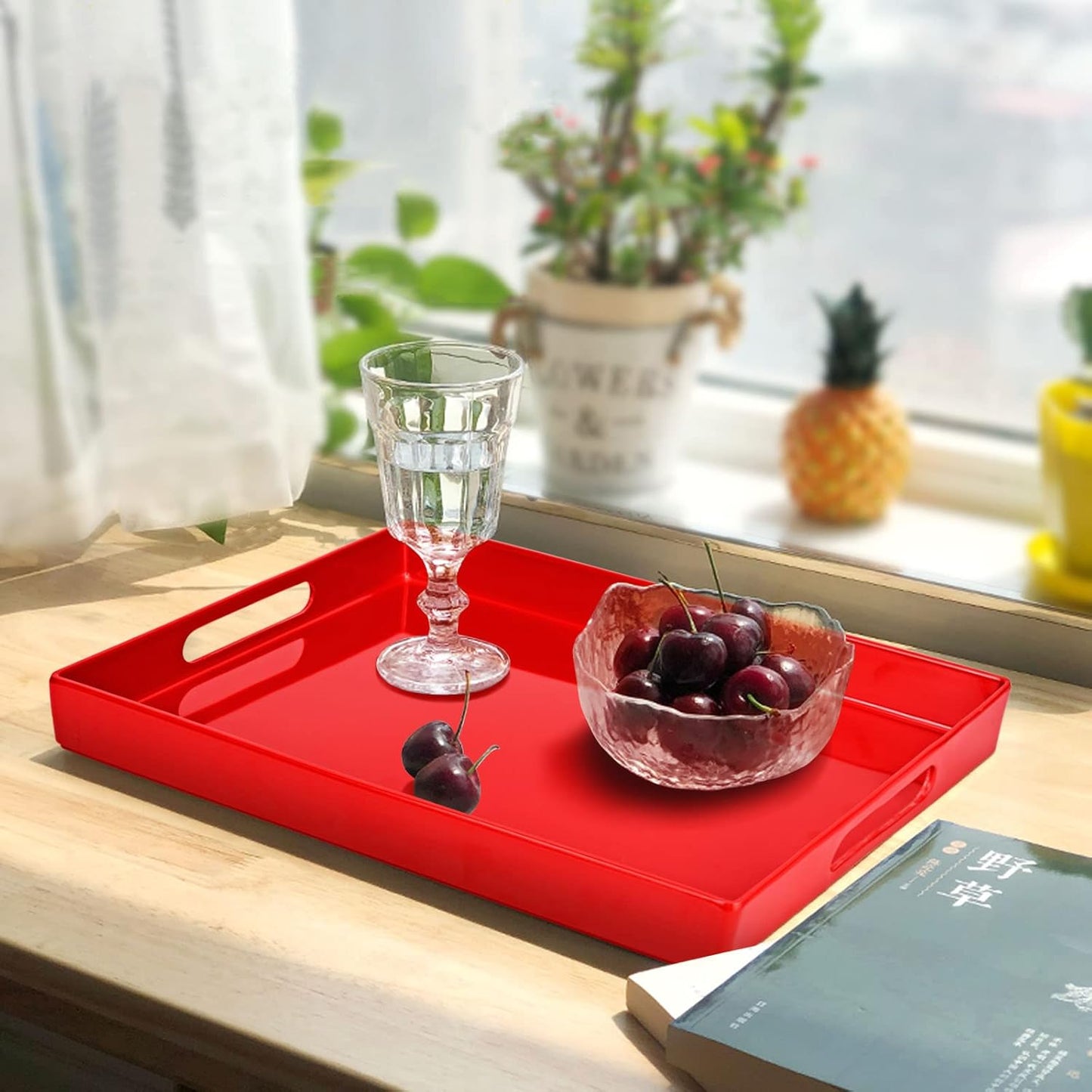 Serving Tray with Handles-10x15Inch Red Melamine Modern Serving Platters,Serving Wine,Coffee,Breakfast/Kitchen Countertop Tray/Makeup Drawer Organizer/Vanity Table Tray/Decorative Tray