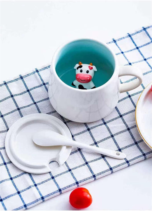 Surprise 3D Coffee Mug Animal Inside 12 oz with Baby Cow,Cute Cartoon Handmade Ceramics Cup,Christmas Birthday Surprise for Friends Family or Kids (Baby Cow)