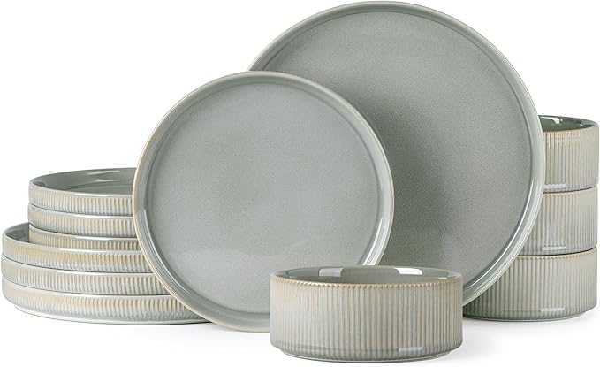 TheTerra Ceramic Dinnerware Sets for 4, 12 Pieces Porcelain Lightweight Plates and Bowls Sets, Scratch Resistant Dish Set, Oven & Microwave & Dishwasher Safe, Desert Sage