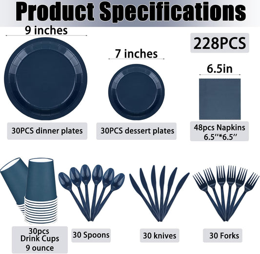 TWOWYHI 228PCS Navy Blue Party Supplies Set Include Paper Plates Cups Paper Napkins Plastic Spoons Forks Knives for 30 Guests Disposable Party Dinnerware for Birthday Wedding Family Picnic