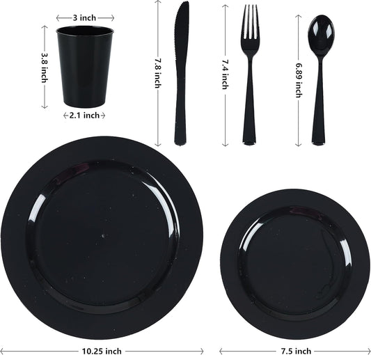 Black Plastic Plates Party Supplies - 150 PCS Reusable Disposable Neon Sets of 25 Dinner, 25 Salad or Dessert, 25 Forks, 25 Spoons, 25 Knives, 25 Cups