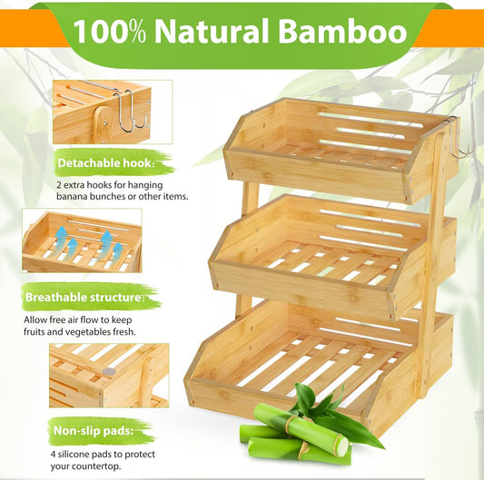 Bamboo Fruit Basket for Kitchen – 3 Tier Fruit Bowl For Kitchen Counter, Large Fruit Holder With 2 Banana Hangers, Idea For Fruit and Vegetable Storage, Bread Basket, Snack Organizer(Bamboo)