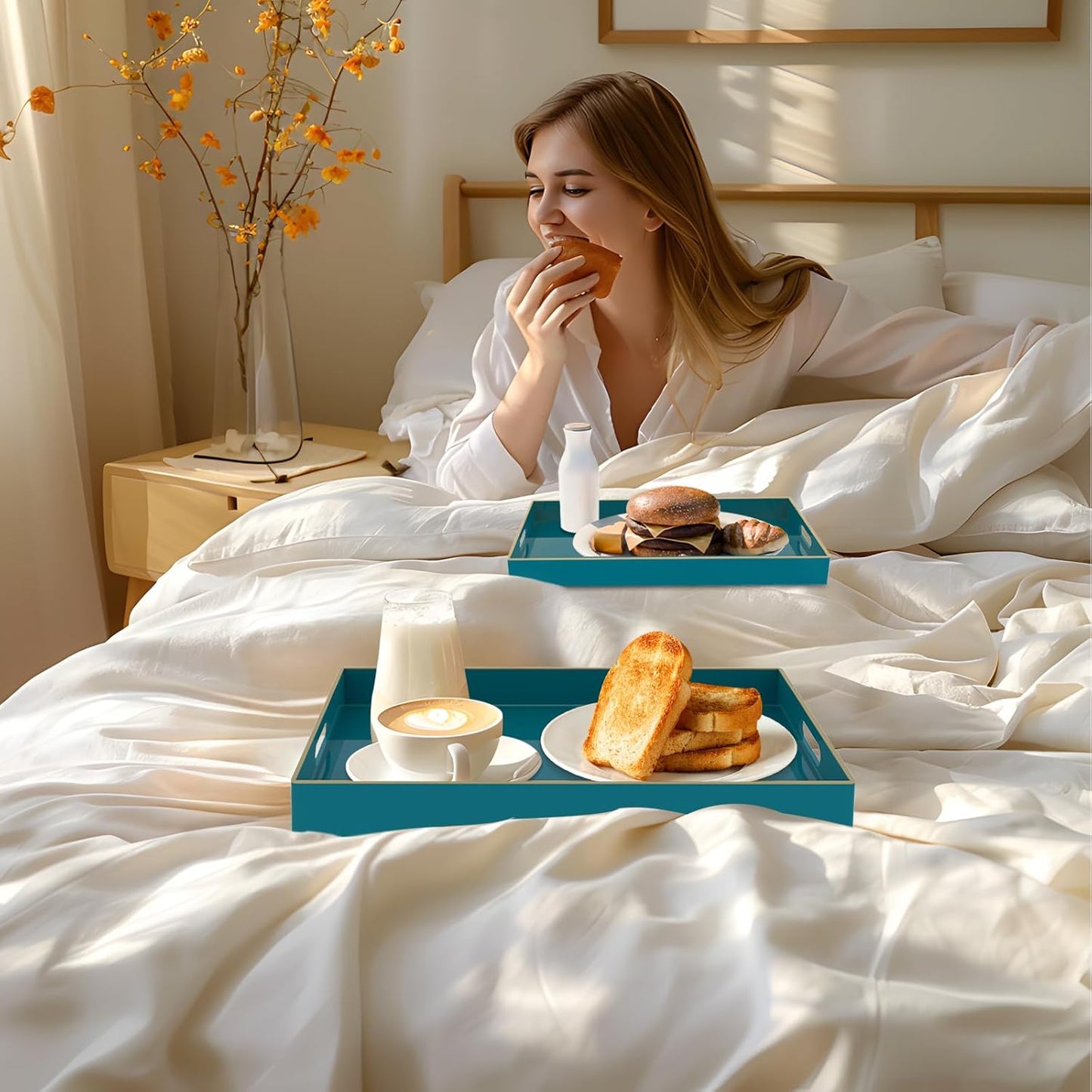 MAONAME Green Serving Tray Set of 2, Plastic Decorative Tray with Handles, Rectangular Coffee Table Trays for Ottoman, Nesting Trays for Living Room, Bedroom