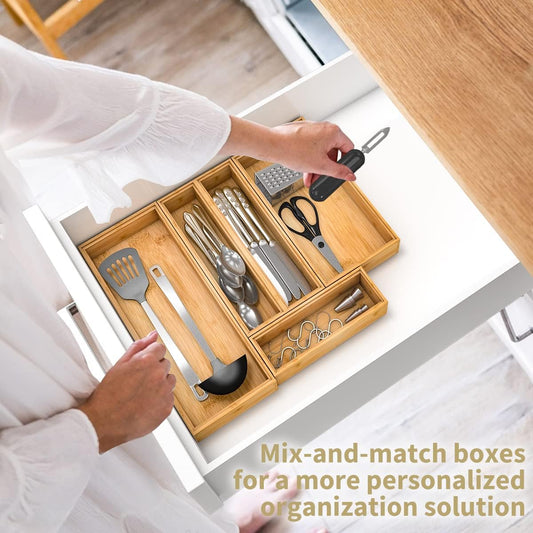 Bamboo Kitchen Drawer Organizer, Stackable Silverware Tray Utensil Organizer Cutlery Holder for Kitchen,Wooden Storage Box for Bathroom, Multi-Use Storage Bins Dividers for Office(12x3x2.5 inch)