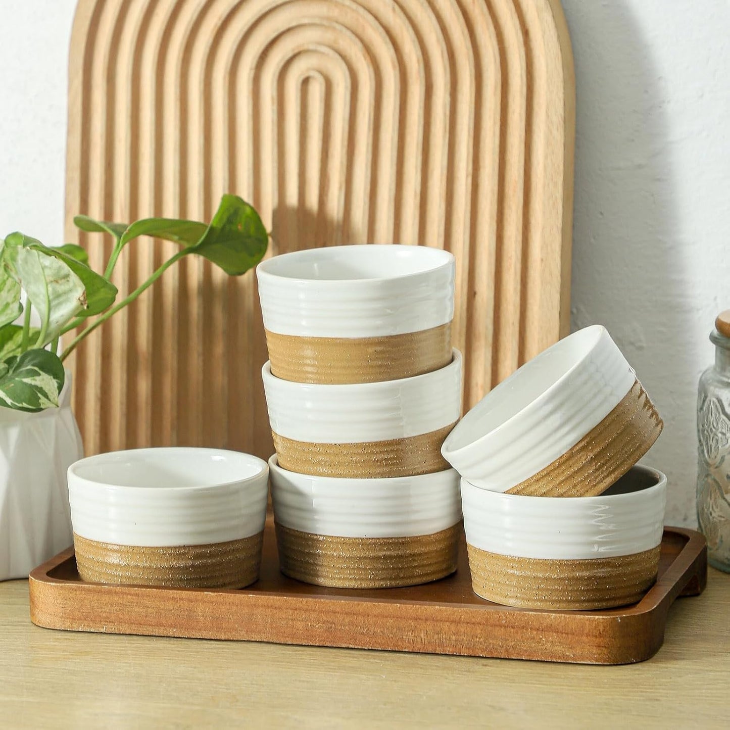 Ramekins 6 OZ for Creme Brulee Oven Safe,Ceramic Souffle Cups Set of 6,Small Dipping Sauce Cups for Charcuterie,Dessert,Dipping Sauce,Custard and Pudding,Microwave & Oven Safe,Patchwork White