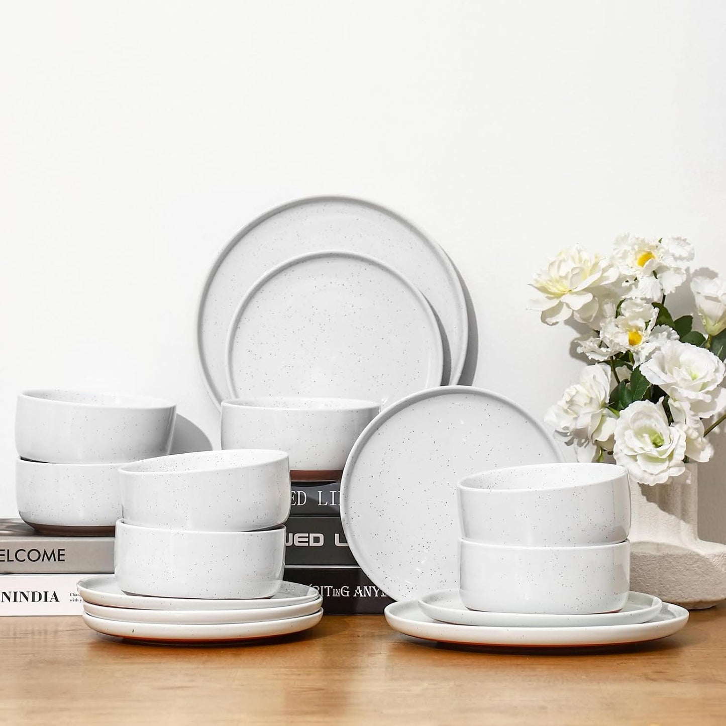 GZG Modern Art Series - 12 Pcs Speckled Stoneware Plates and Bowls Sets, Ceramic Dinnerware Set with Rustic Terracotta Underside, Microwave and Dishwasher Safe Handcrafted Dishes Set - Porcelain White