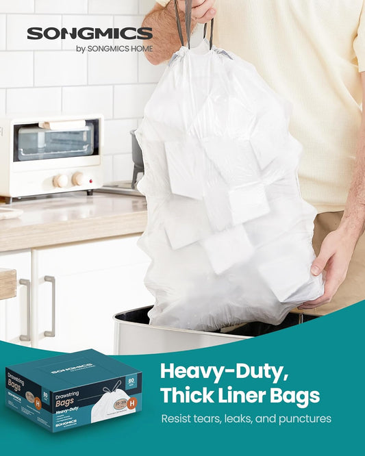 SONGMICS Trash Bags for 8-Gallon (30 L) Trash Cans, Drawstring Kitchen Garbage Bags, Pre-Separated, Quick-Dispense Box, Liner Code H, 2 Rolls, 80 Count, White UKRB031A02