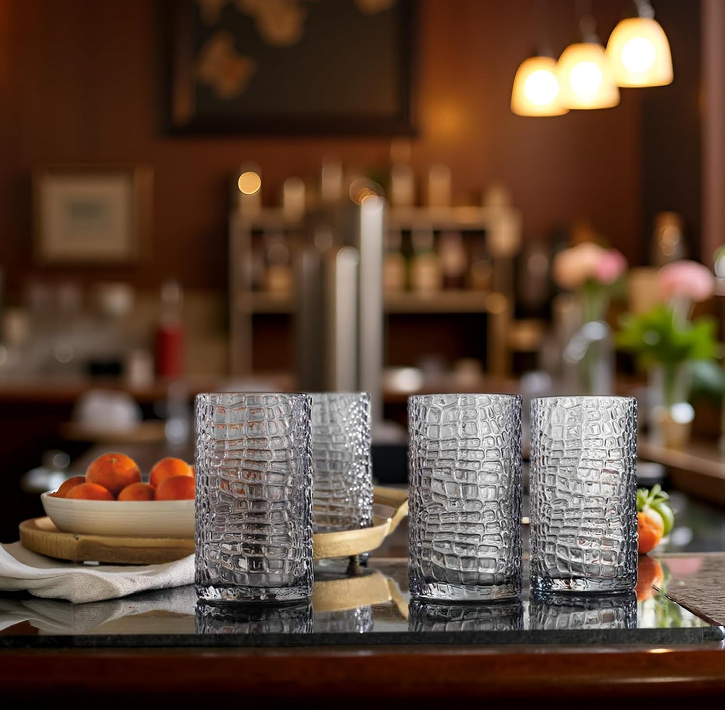 Glaver's Highball Glasses Set of 4 Smoke Drinking Glasses, 15 Ounce Crackle Textured Newly Designed Patent Glassware Heavy Bar Home Party Decor Black Kitchen Glasses, Water Juice Cocktails