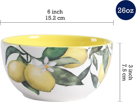 Bico Lemon Dreams Cereal Bowls Set of 4, 26 oz Deep Ceramic Soup Bowls for Cereal, Salad, Noodles, Kitchen, Microwave and Dishwasher Safe, Gift for Housewarming and Thanksgiving