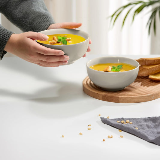 KooK Soup Bowls, Cereal Bowl, Ceramic, Bowls for Kitchen, Microwave, Dishwasher and Freezer Safe, Porcelain Dishes for Pasta, Salad, Oatmeal, Deep Interior, 20 oz, Set of 6, (Powder Grey)