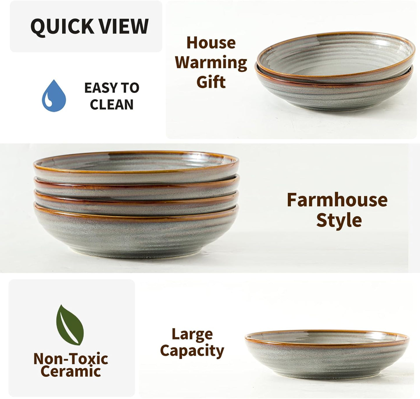 Hasense Pasta Bowls Set of 4, 32 Ounce Ceramic Serving Bowls for Kitchen, 8.7 Inch Shallow Serving Dishes for Salad, Pasta, Soup, Dishwasher & Microwave Safe, Light Grey