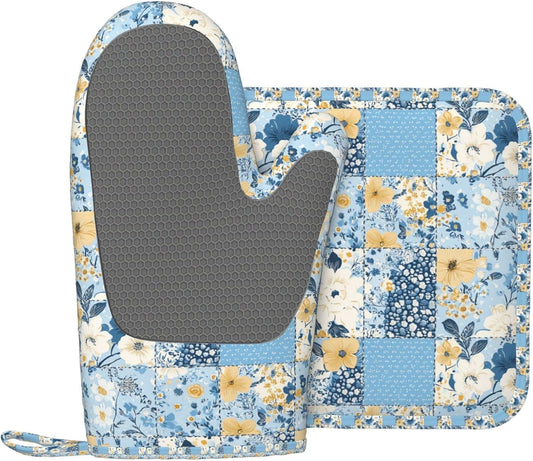 Oven Mitts and Pot Holders Floral Blue Pastel Vintage Silicone Kitchen Accessories Set of 2 Heat Resistant Long Gloves Potholder Non-Slip Grip for Chef Cooking,Baking,Grilling,BBQ