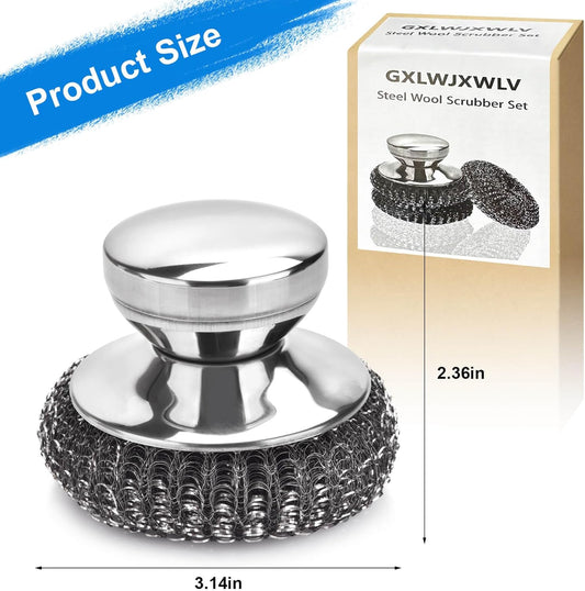 7PCS Steel Wool Scrubber Pads, Stainless Steel Scrubber Set with 1PCS Handle, Metal Scrubbers for Cleaning Kitchen and Household, Dishes, Stoves, Grill, Wash Sink, Pots