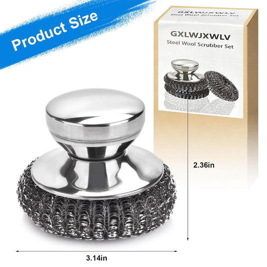 5PCS Stainless Steel Scrubber Pads, Steel Wool Scrubber Set with 2Pcs Handle, Stainless Scrubber for Cleaning Kitchen and Household, Dishes, Stoves, Grill, Wash Sink, Pots