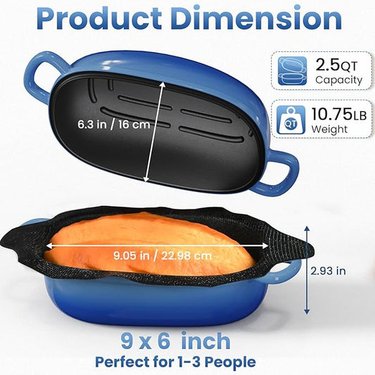 Cast Iron Dutch Bread Oven - 2.5QT Dutch Oven for Sourdough Bread Baking, Cast Iron Bread Loaf Pan with Perforated Non-Stick Silicone Liner, Blue Oval Bread Baking Pan, Gift for Family & Baker