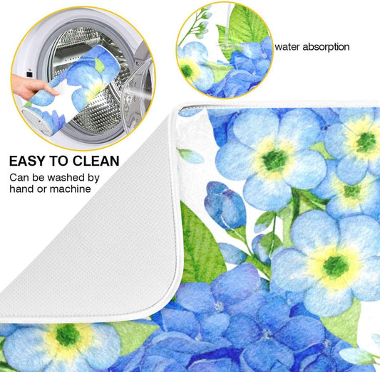 Watercolor Hortensia Blue Flowers Dish Drying Mat Super Absorbent Drying Mat 16x18 inch Large Dish Drying Mats for Kitchen Counter Dish Drying Pads Kitchen Drying Matt for Countertop