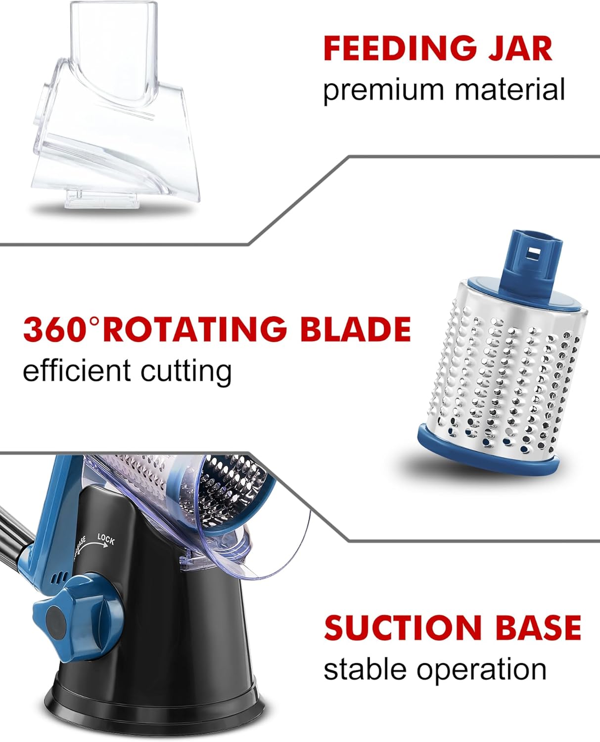 Cheese Grater Rotary, Rotary Grater for Kitchen, Kitchen Vegetable Slicer with 3 Drum Blades, Fast Cutting Cheese Shredder for Vegetables and Nuts