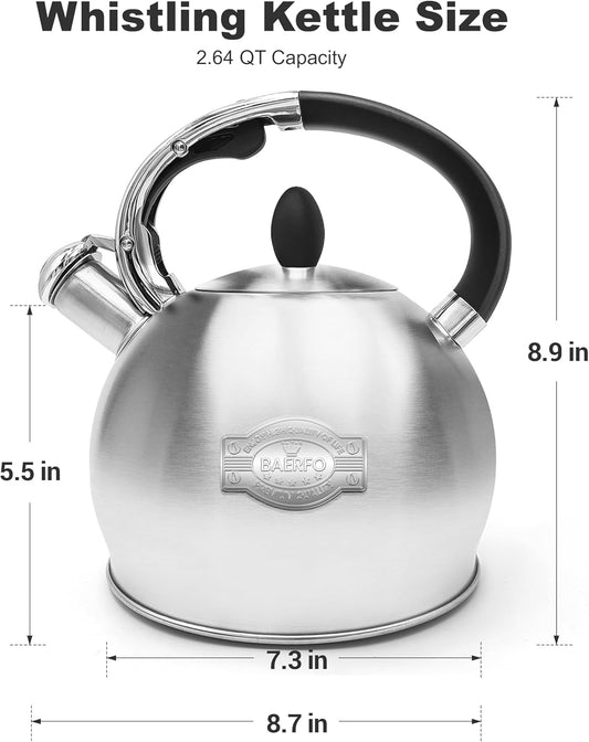 Stainless Steel Whistling stovetop Kettle,Whistling Tea Kettle,Vintage-StyleTeapot for Stove,Durable and Rust-Resistant,With a Pot Holder Included,2.64 Quart(Brushed Style)