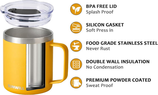 SUNWILL Insulated Coffee Mug with Lid, Travel Tumbler with Handle, 14 oz Stainless Steel Cup for Camping, Office, Home, Powder Coated Yellow