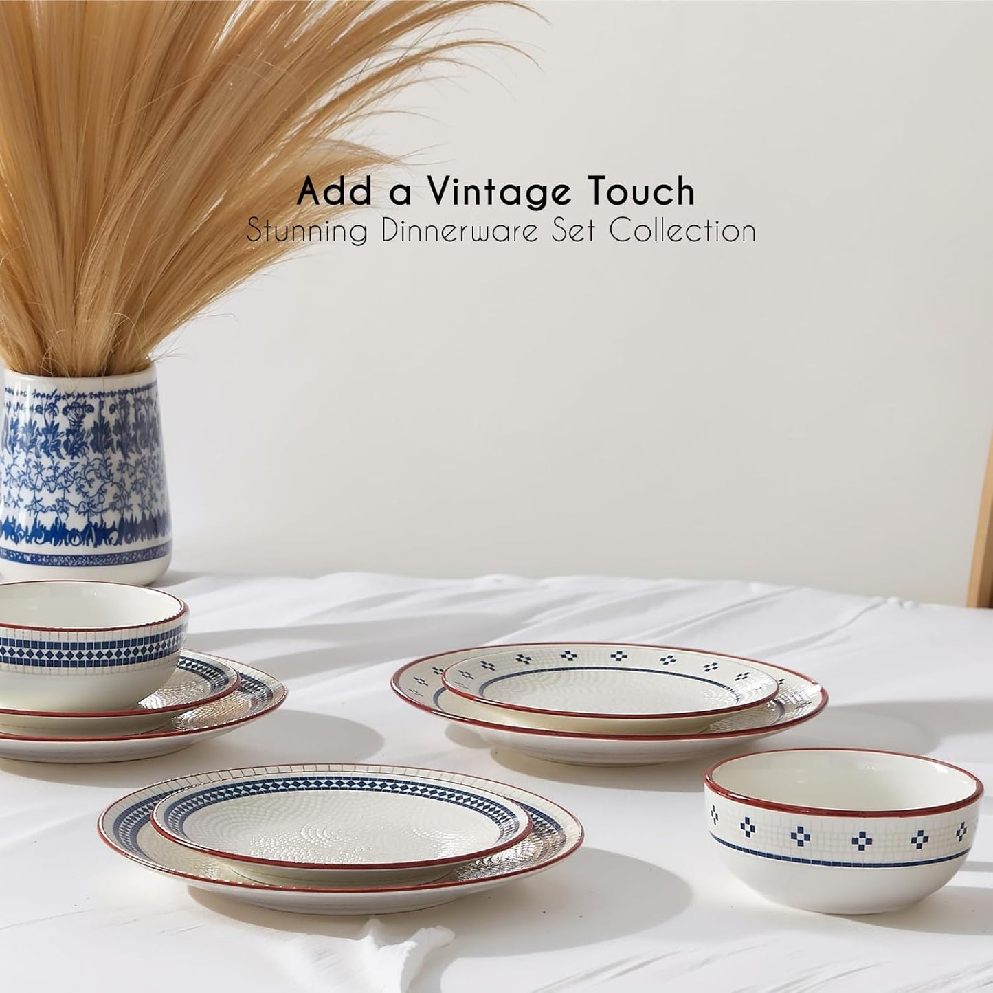 Dinnerware Sets for 8, 24-Piece Stoneware Plates and Bowls Sets for 8 Everyday Dishware Sets for 8, Microwave Safe, Scratch-resistant, Vintage Geometric Design, Service for 8