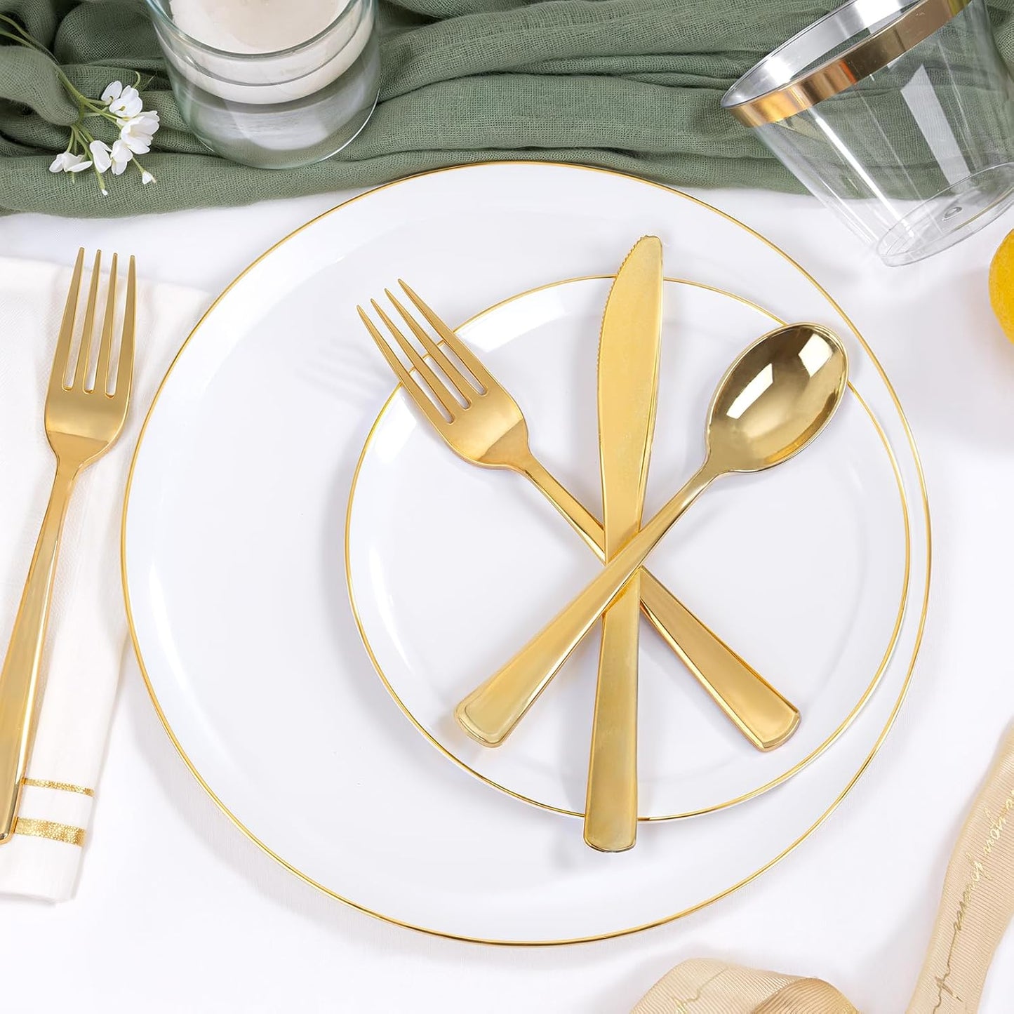 Festiva 350Pcs Gold Plastic Plates - White and Gold Dinnerware Set Disposable include 10" & 7" Plates,Cups,Silverware,Napkins -serve 50 Guests Perfect for Wedding& Chritmas &Thanksgiving Party