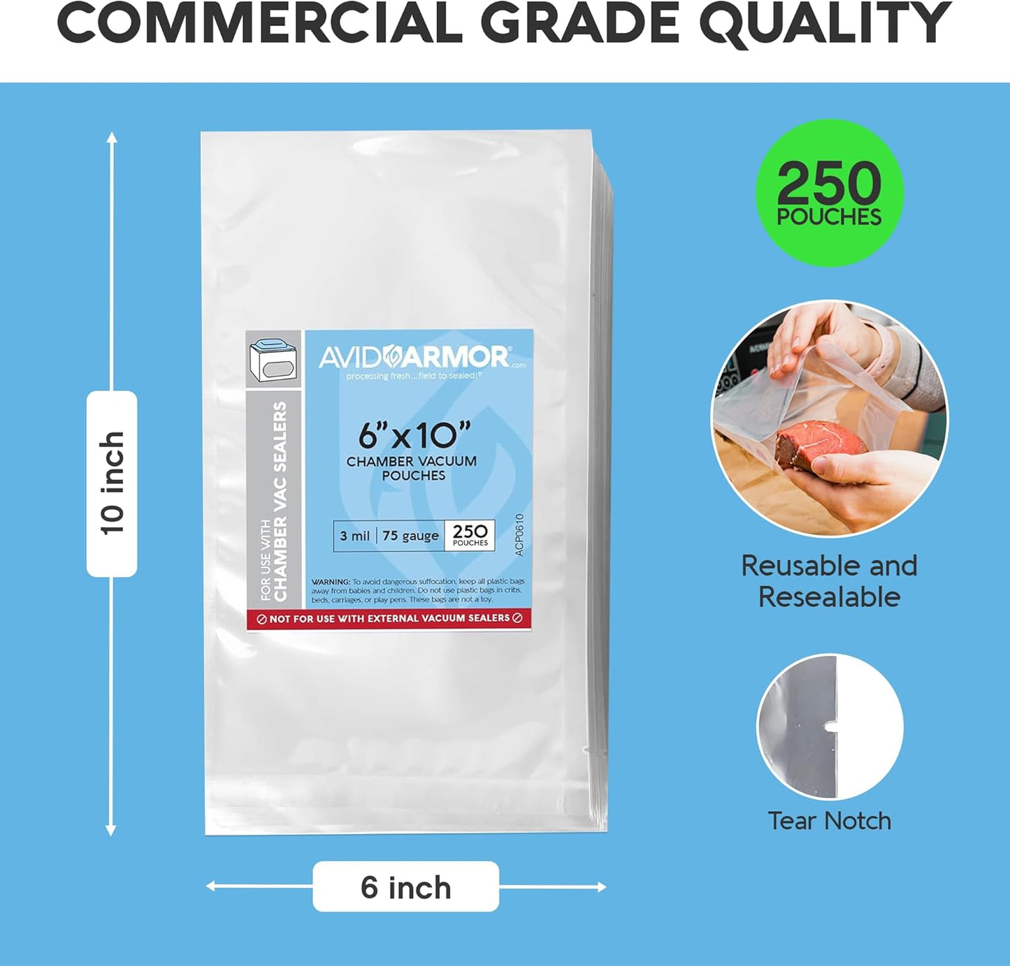 Avid Armor Chamber Vacuum Sealer Bags – Heavy Duty, BPA-Free, Pre-Cut Chamber Vacuum Bags for Food Preservation, Freezer Storage, Sous Vide and more, 250/Pack (6x10) – Multi-Use Vacuum Bags