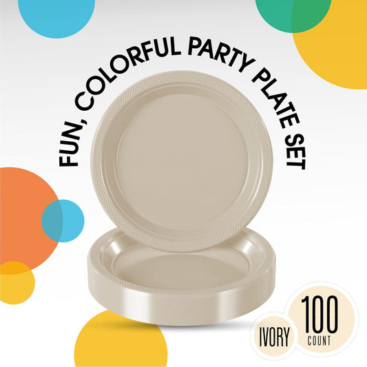 Exquisite Party Solids Ivory Plastic Plates For Party Supplies 10" Ivory Disposable Plates Heavy Duty 50 Pcs Plastic Dinnerware Sets Heavy Duty 350 GSM Disposable Dinnerware Set