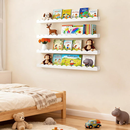 LinTimes Floating Shelves for Wall Set of 4, Wall Mounted Rustic Wood Shelves for Bedroom, Living Room, Kitchen, Hanging Shelf for Books/Storage/Room Decor with 7.94Lbs Capacity, White 16.5*5.1*1.7