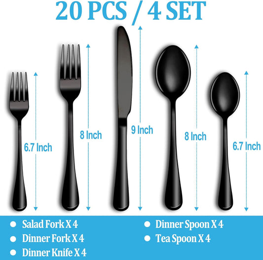 20 Pcs Black Silverware Set, Stainless Steel Flatware Set Service for 4, Mirror Polished Cutlery Utensil Set, Durable Home Kitchen Eating Tableware Set, Include Fork Knife Spoon Set, Dishwasher Safe