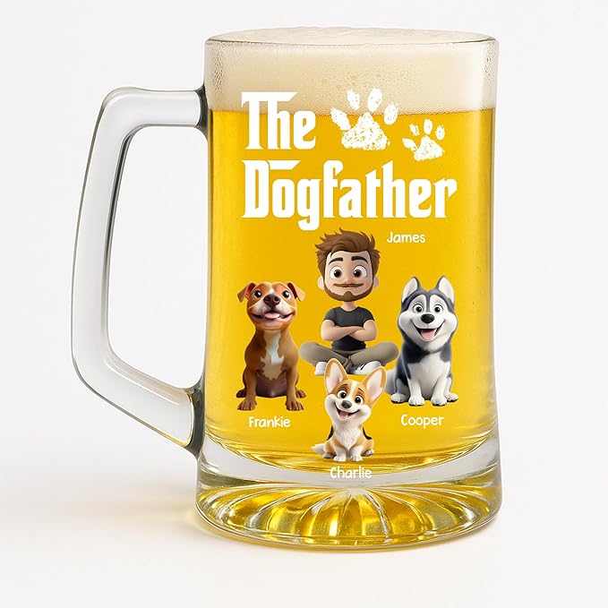 Wrappiness Gift for Dad - Cool Dog Father Personalized Beer Glass With Handle, Custom Breeds and Man Appearance Lovely Fathers Day Pet Papa Gift for Men Pet Lovers, Cute Puppy Owner Drinking Cup