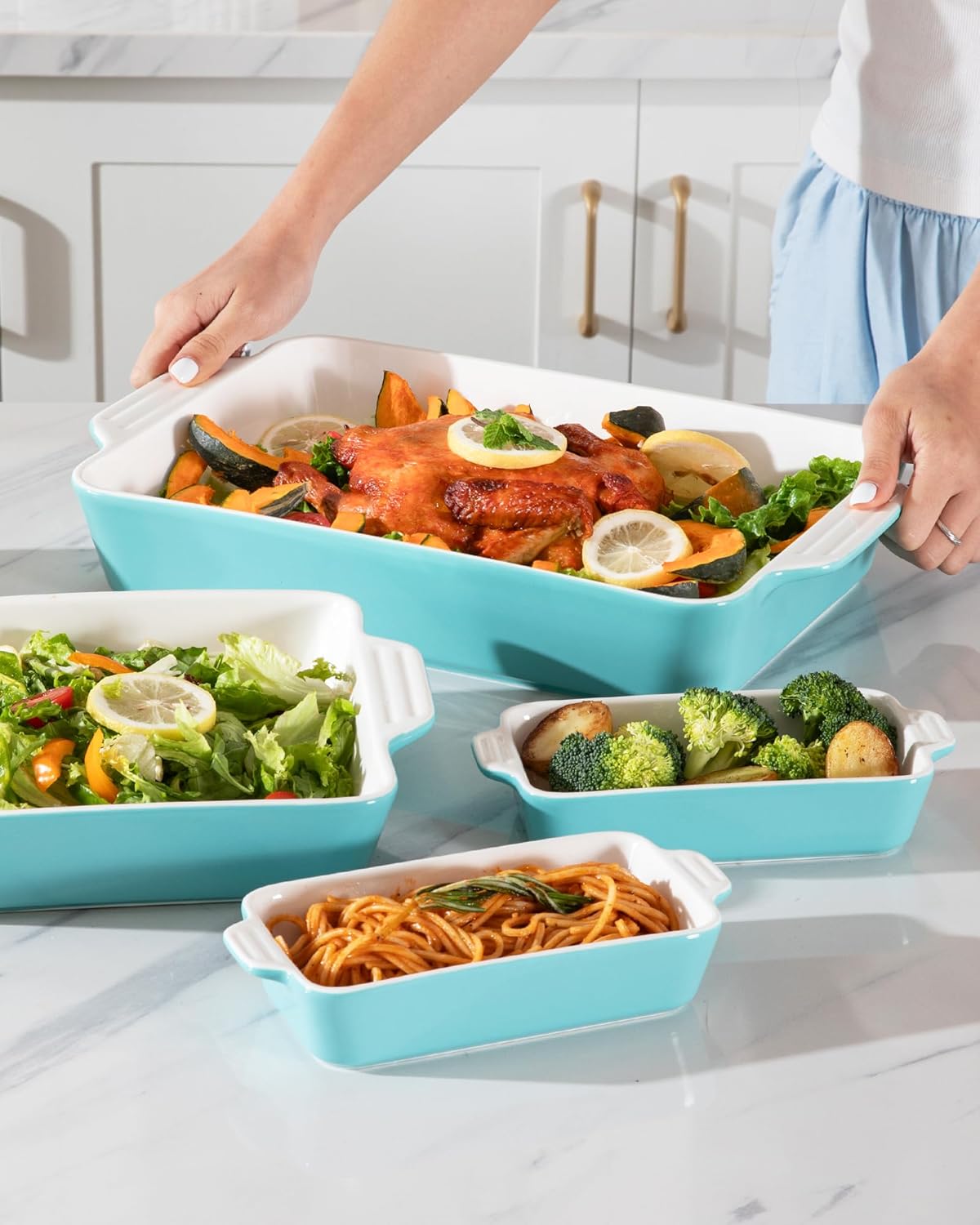 Sweejar Ceramic Bakeware Set of 4, Casserole Dishes for Oven, Rectangular Baking Dish with Handles, Lasagna Pans Deep for Cooking, Gratin, Roasting, Banquet and Daily Use (Turquoise)