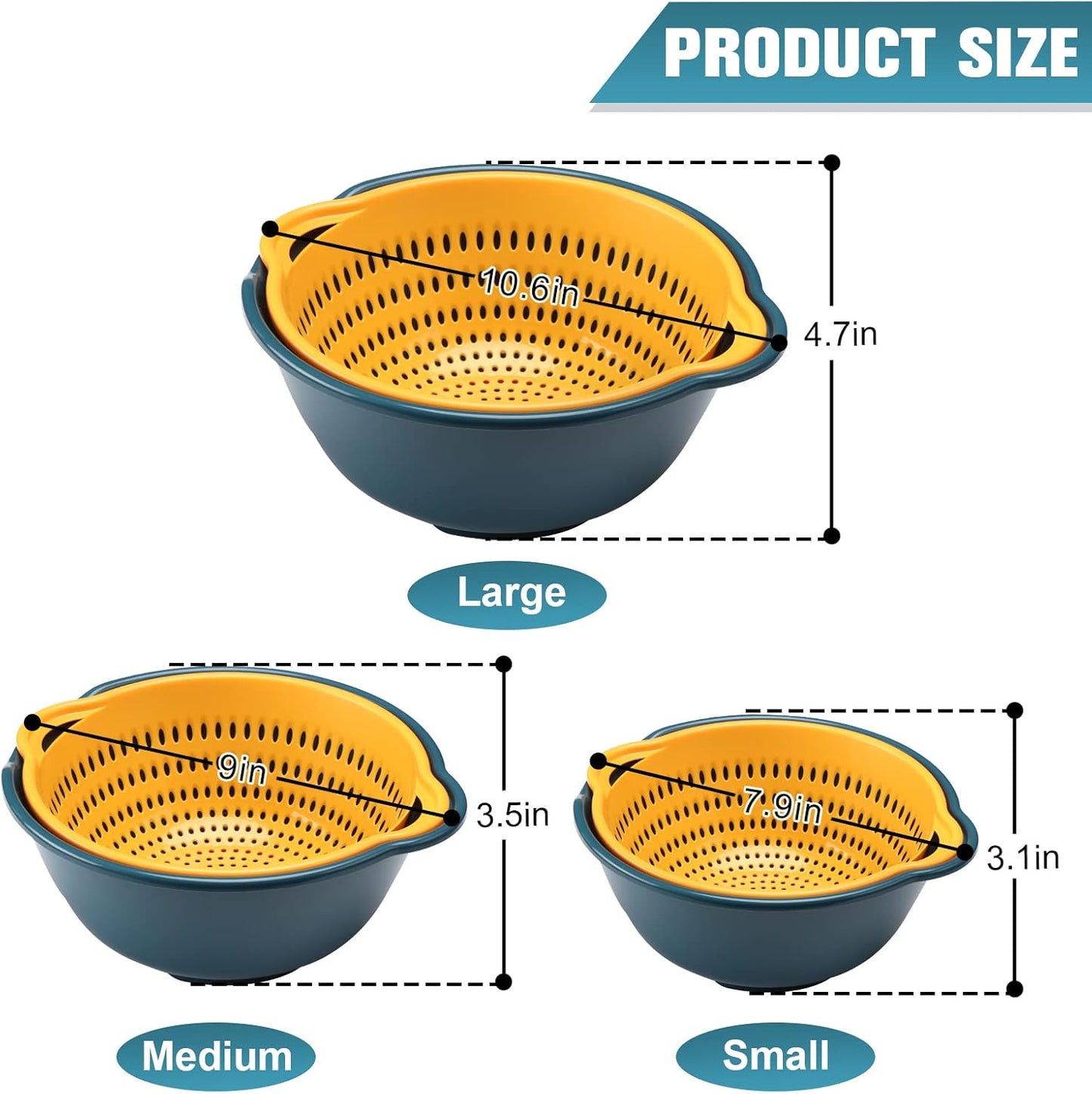 6 Pieces Colander with bowl, Food Strainer for Pasta Veggies and Fruits, BPA Free, Dishwasher Safe (blue)