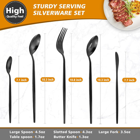 Matte Black Serving Set,Oliviola 5-Piece Stainless Steel Large Hostess Set with Round Edge, Satin Finished, Dishwasher Safe -Large Spoon, Large Fork,Butter Knife,Sugar Spoon & Slotted Spoon
